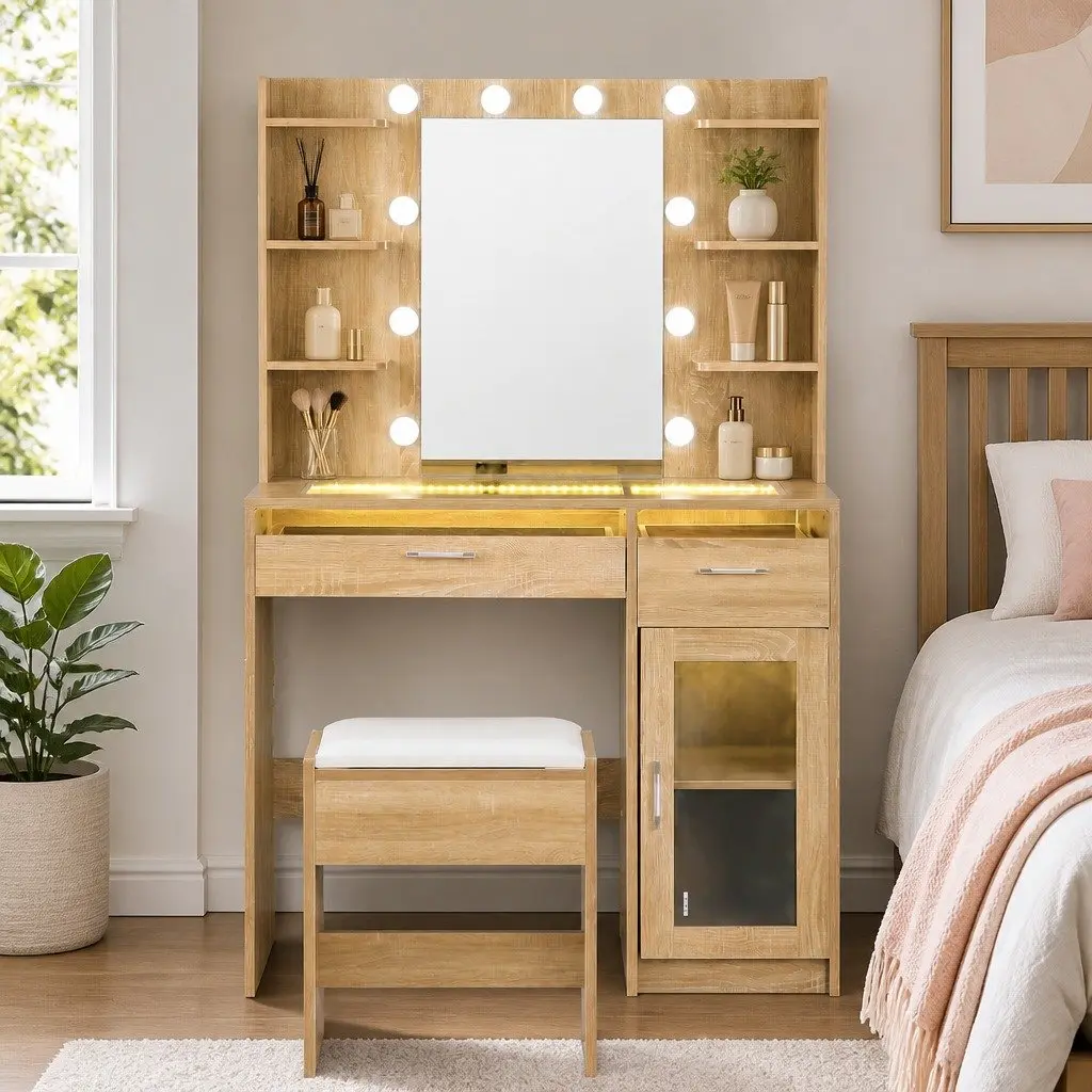 Dressing Table Vanity Desk Hollywood LED Mirror 90cm E1 Particle Board Tempered Glass Wood Finish with Foam Padded Stool and Storage Drawers