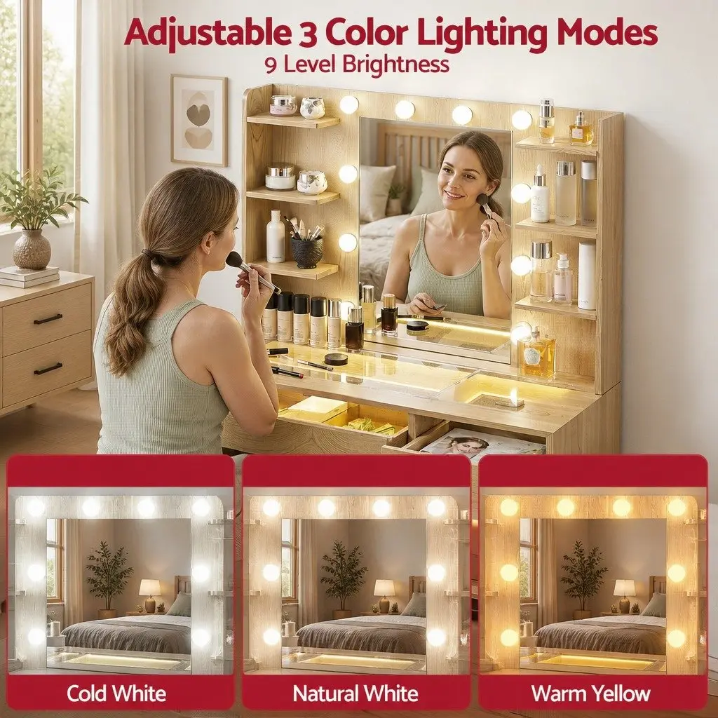 Dressing Table Vanity Desk Hollywood LED Mirror 90cm E1 Particle Board Tempered Glass Wood Finish with Foam Padded Stool and Storage Drawers