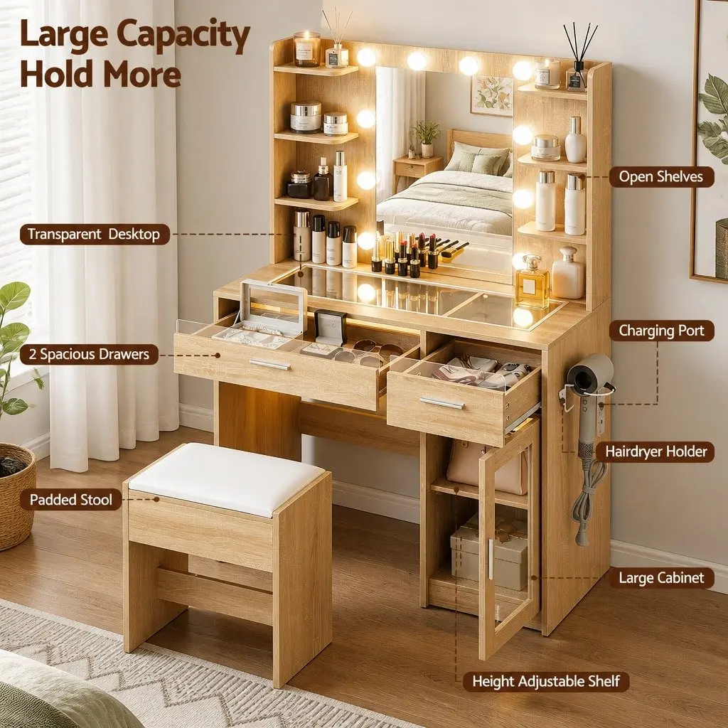 Dressing Table Vanity Desk Hollywood LED Mirror 90cm E1 Particle Board Tempered Glass Wood Finish with Foam Padded Stool and Storage Drawers