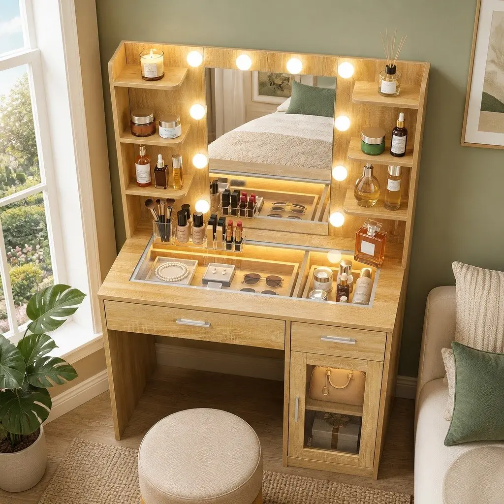 Dressing Table Vanity Desk Hollywood LED Mirror 90cm E1 Particle Board Tempered Glass Wood Finish with Foam Padded Stool and Storage Drawers