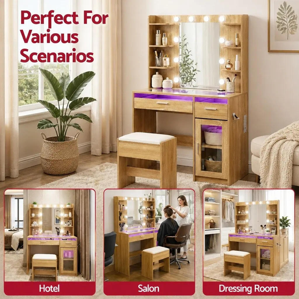 Dressing Table Vanity Desk Hollywood LED Mirror 90cm E1 Particle Board Tempered Glass Wood Finish with Foam Padded Stool and Storage Drawers