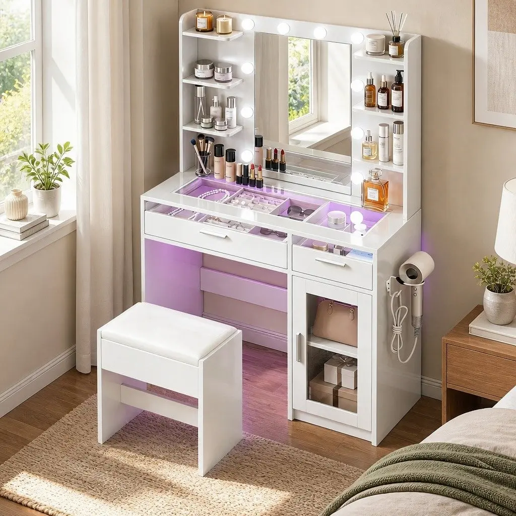 Hollywood-Style Vanity Desk with RGB Lighting and Storage