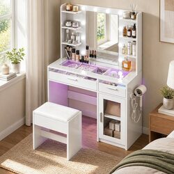 Hollywood-Style Vanity Desk with RGB Lighting and Storage