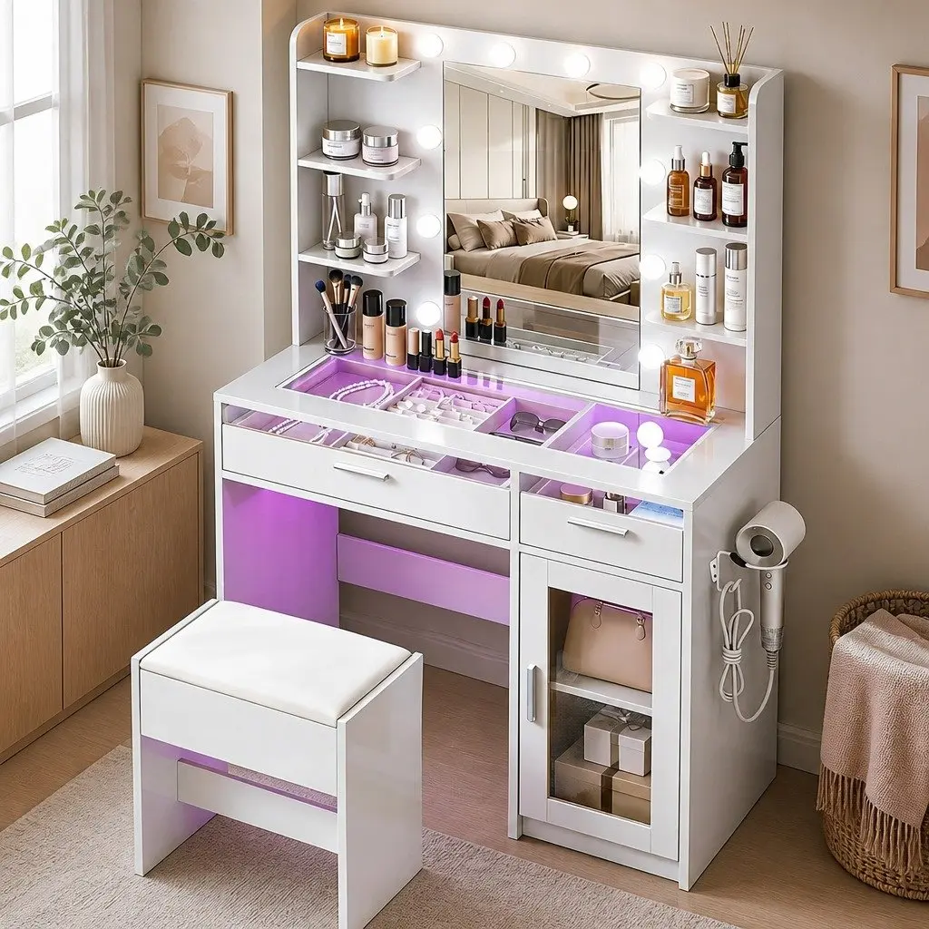 Dressing Table Vanity Desk Hollywood Mirror RGB Light White E1 Particle Board Tempered Glass 90cm x 40cm x 142cm