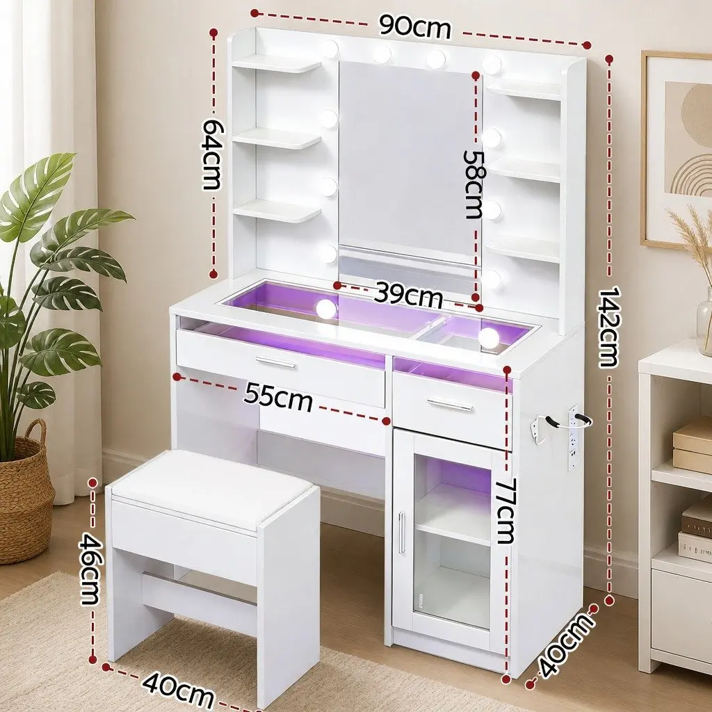 Dressing Table Vanity Desk Hollywood Mirror RGB Light White E1 Particle Board Tempered Glass 90cm x 40cm x 142cm