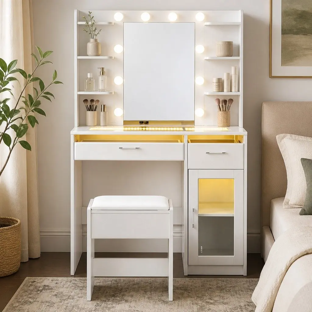Dressing Table Vanity Desk Hollywood Mirror RGB Light White E1 Particle Board Tempered Glass 90cm x 40cm x 142cm