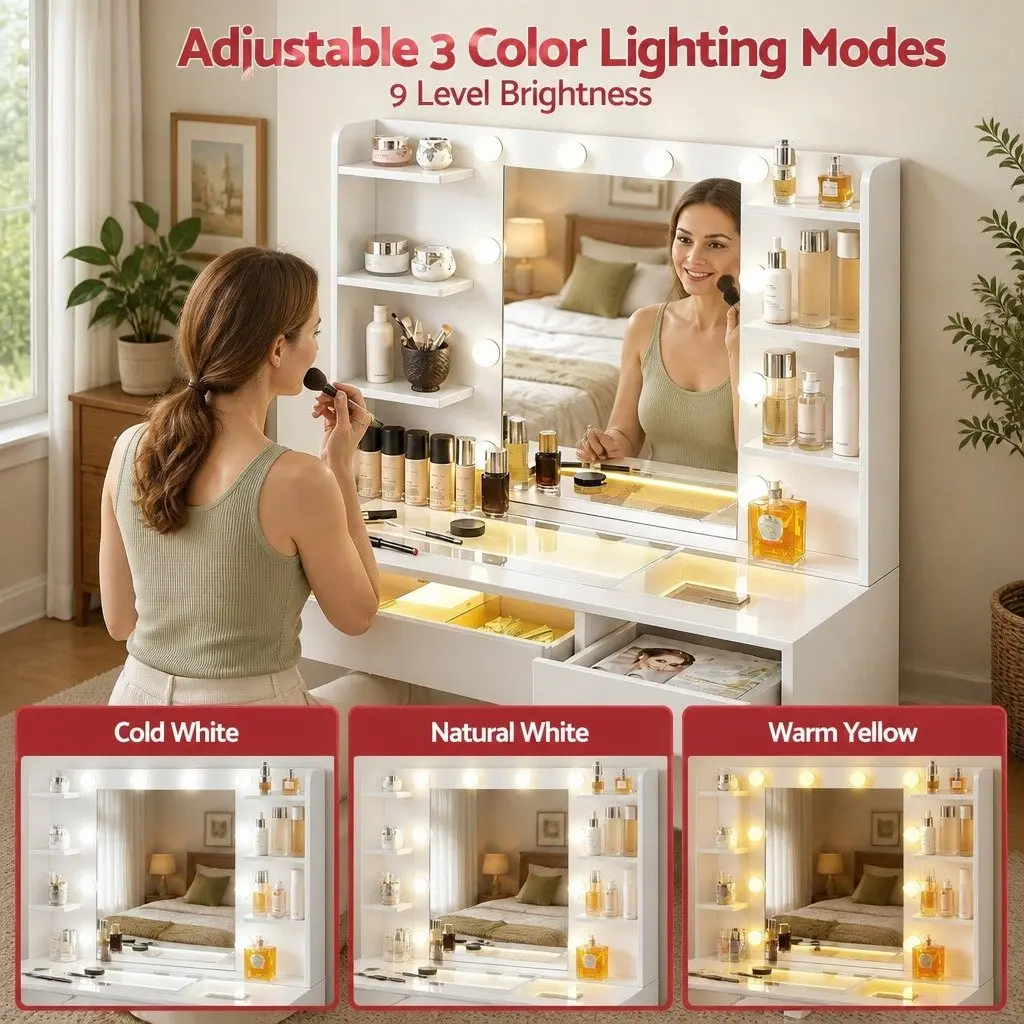 Dressing Table Vanity Desk Hollywood Mirror RGB Light White E1 Particle Board Tempered Glass 90cm x 40cm x 142cm