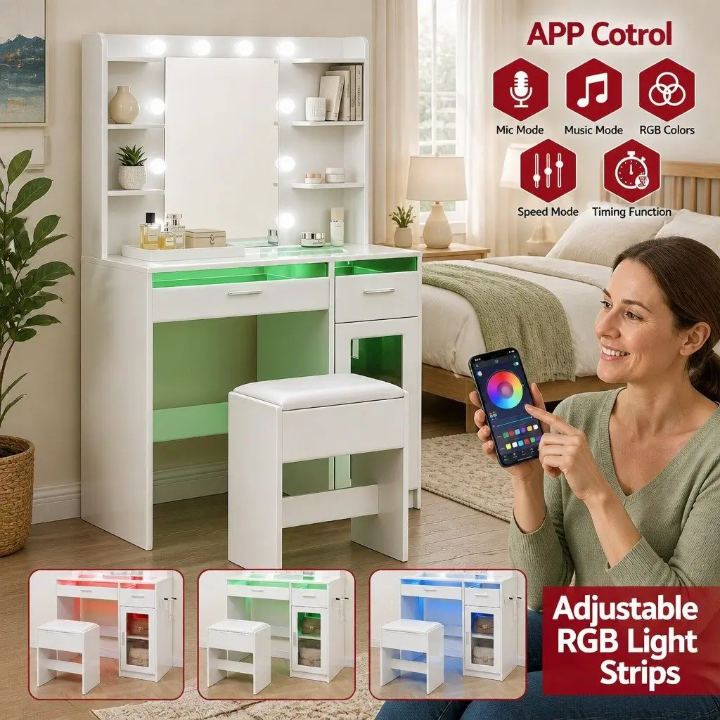 Dressing Table Vanity Desk Hollywood Mirror RGB Light White E1 Particle Board Tempered Glass 90cm x 40cm x 142cm