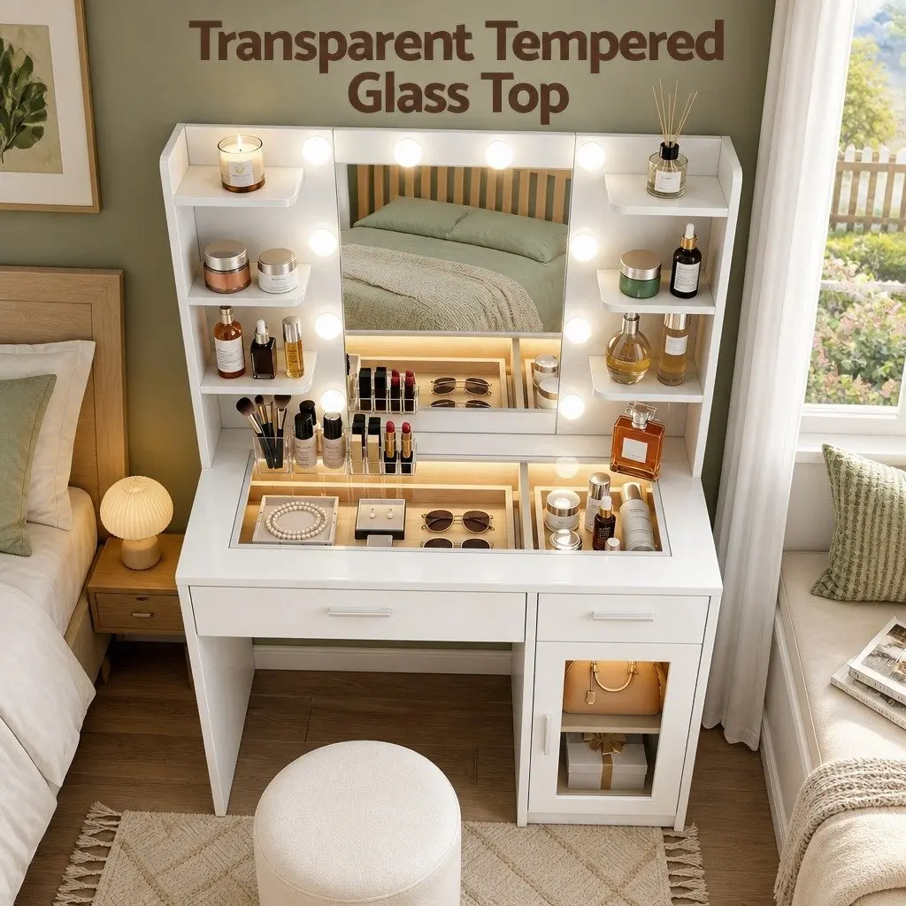 Dressing Table Vanity Desk Hollywood Mirror RGB Light White E1 Particle Board Tempered Glass 90cm x 40cm x 142cm