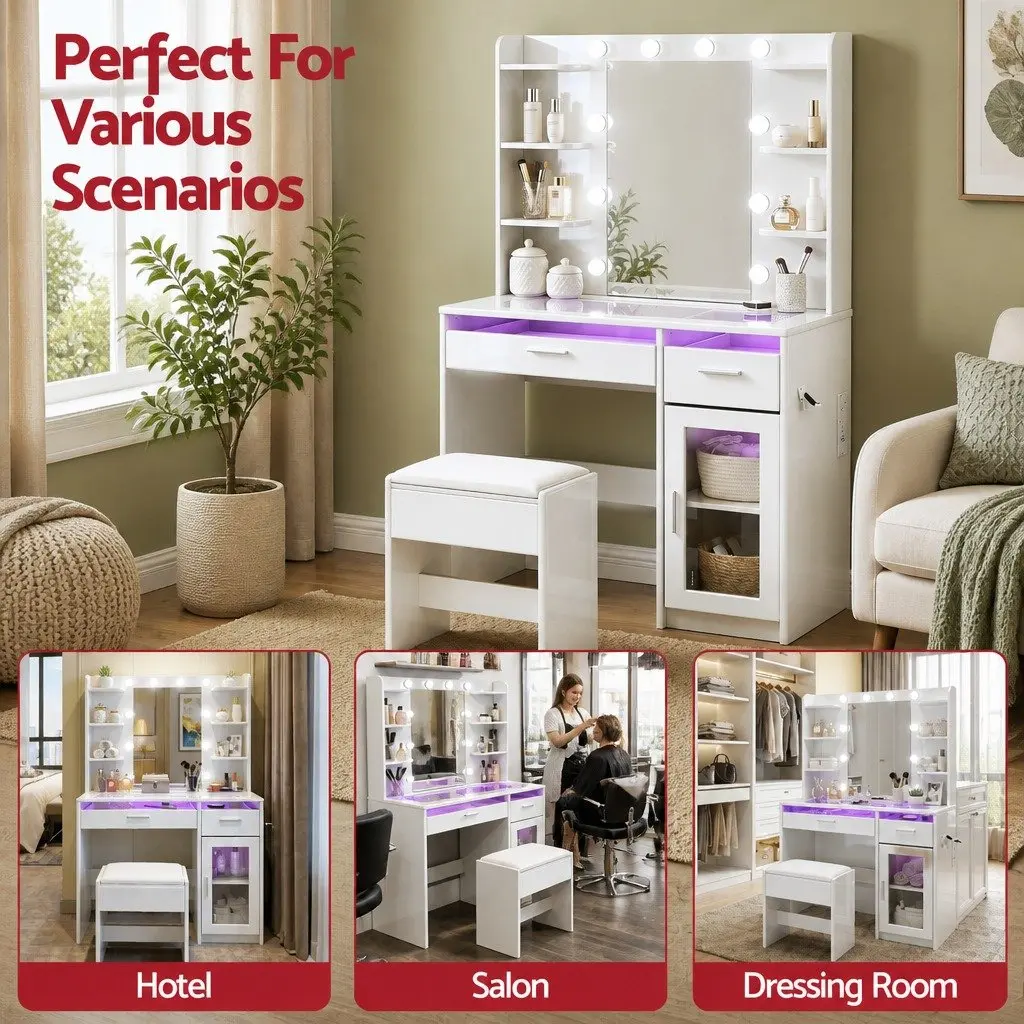 Dressing Table Vanity Desk Hollywood Mirror RGB Light White E1 Particle Board Tempered Glass 90cm x 40cm x 142cm