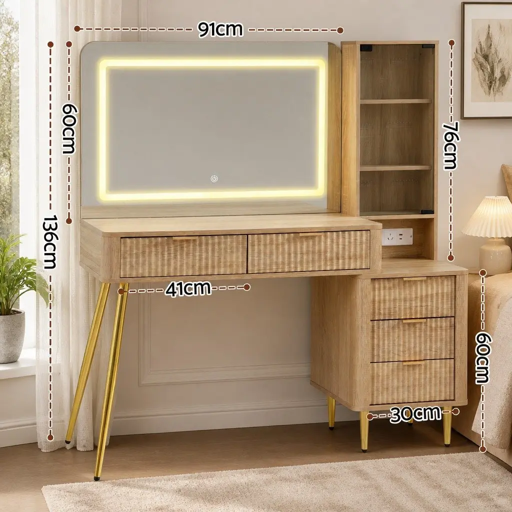 Dressing Table LED Vanity Desk Wood Pine 121cm E1 Particle Board with Charging Station and Makeup Mirror