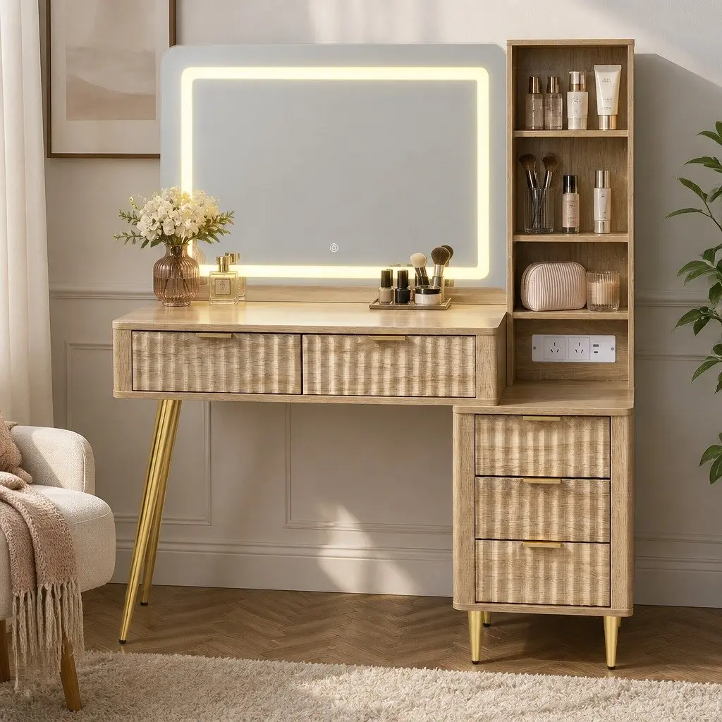 Dressing Table LED Vanity Desk Wood Pine 121cm E1 Particle Board with Charging Station and Makeup Mirror