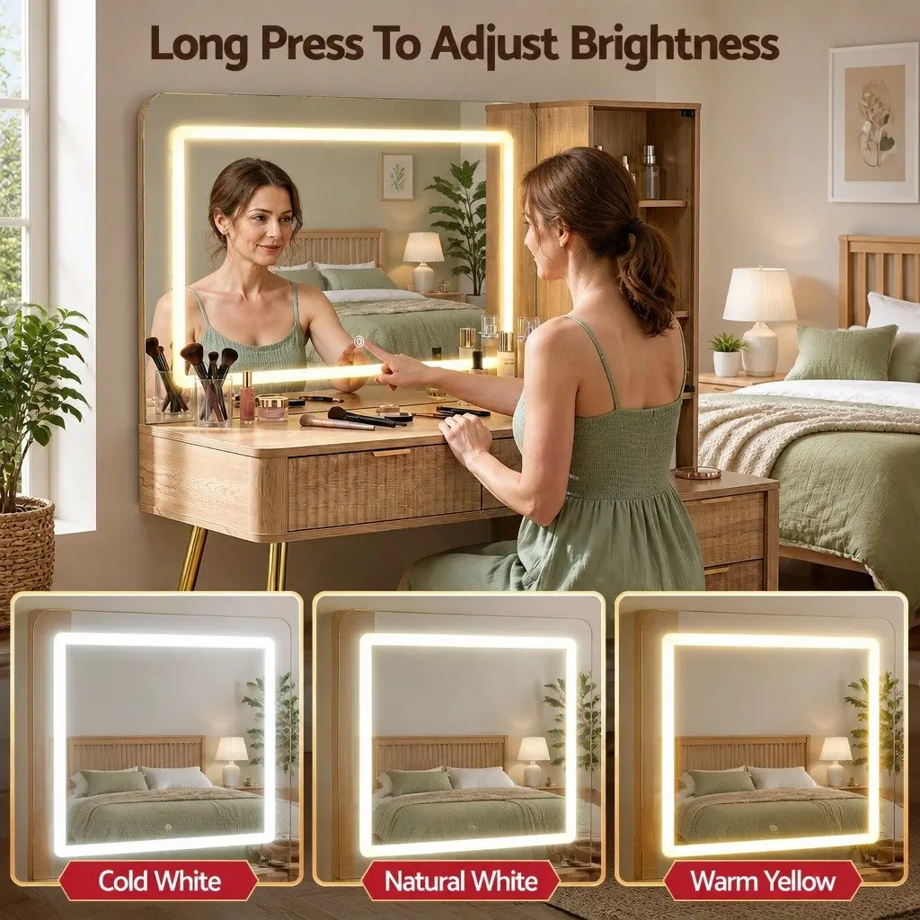 Dressing Table LED Vanity Desk Wood Pine 121cm E1 Particle Board with Charging Station and Makeup Mirror