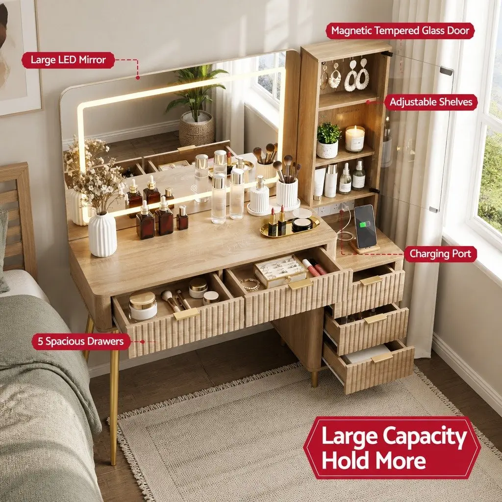 Dressing Table LED Vanity Desk Wood Pine 121cm E1 Particle Board with Charging Station and Makeup Mirror