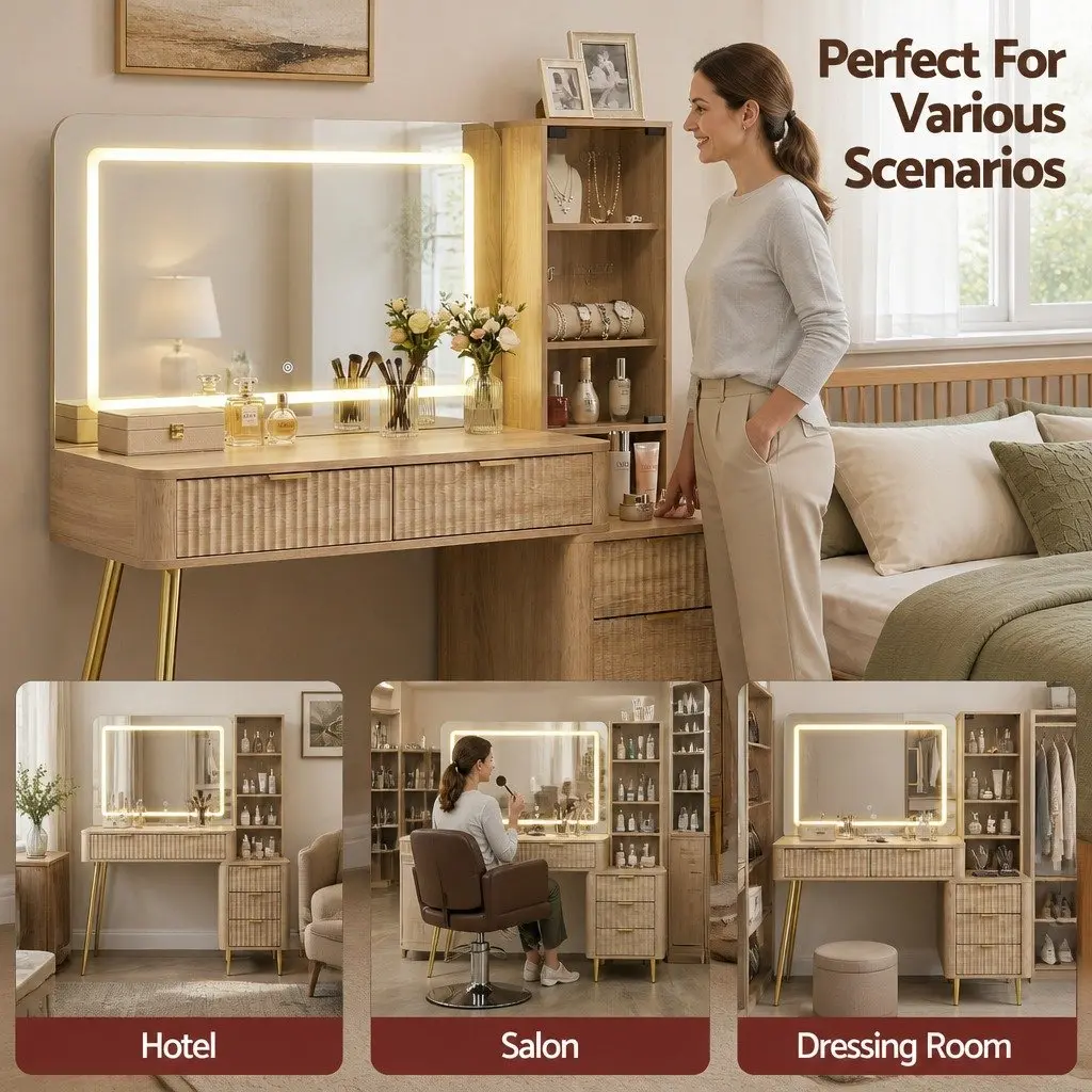 Dressing Table LED Vanity Desk Wood Pine 121cm E1 Particle Board with Charging Station and Makeup Mirror
