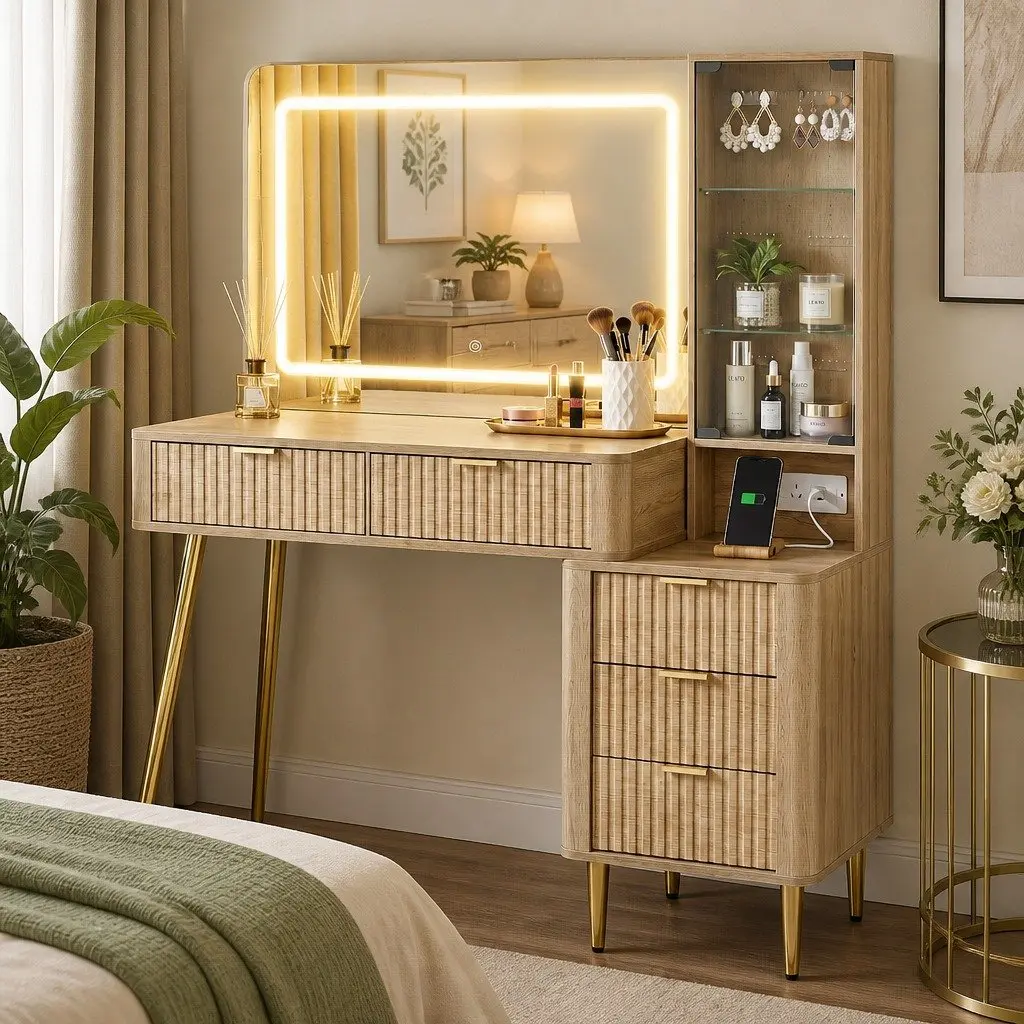 Dressing Table LED Vanity Desk Wood Pine 121cm E1 Particle Board with Charging Station and Makeup Mirror
