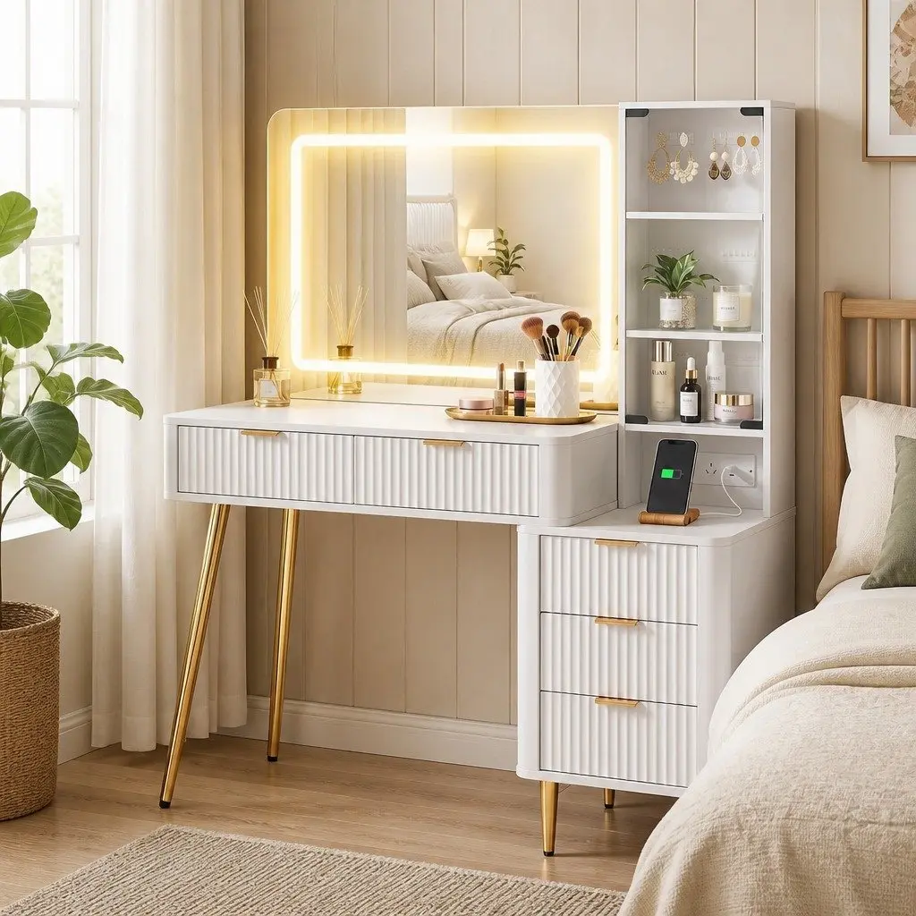 White Hollywood Mirror Vanity Desk with LED Lighting