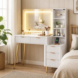 White Hollywood Mirror Vanity Desk with LED Lighting