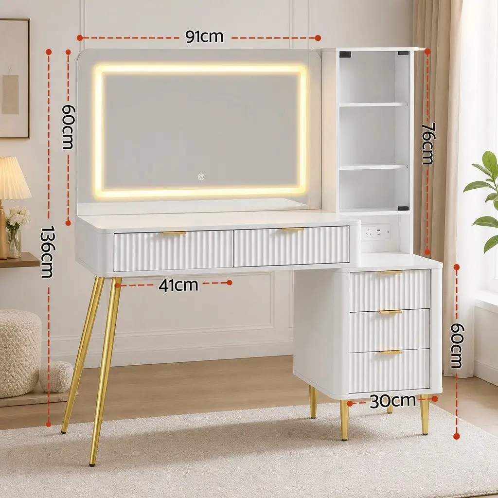 Dressing Table LED Vanity Desk White Hollywood Mirror with Charging Station 121cm E1 Particle Board Tempered Glass