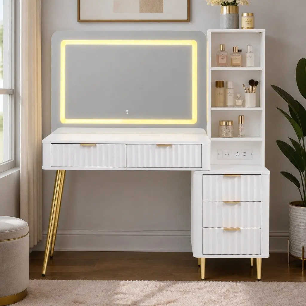 Dressing Table LED Vanity Desk White Hollywood Mirror with Charging Station 121cm E1 Particle Board Tempered Glass
