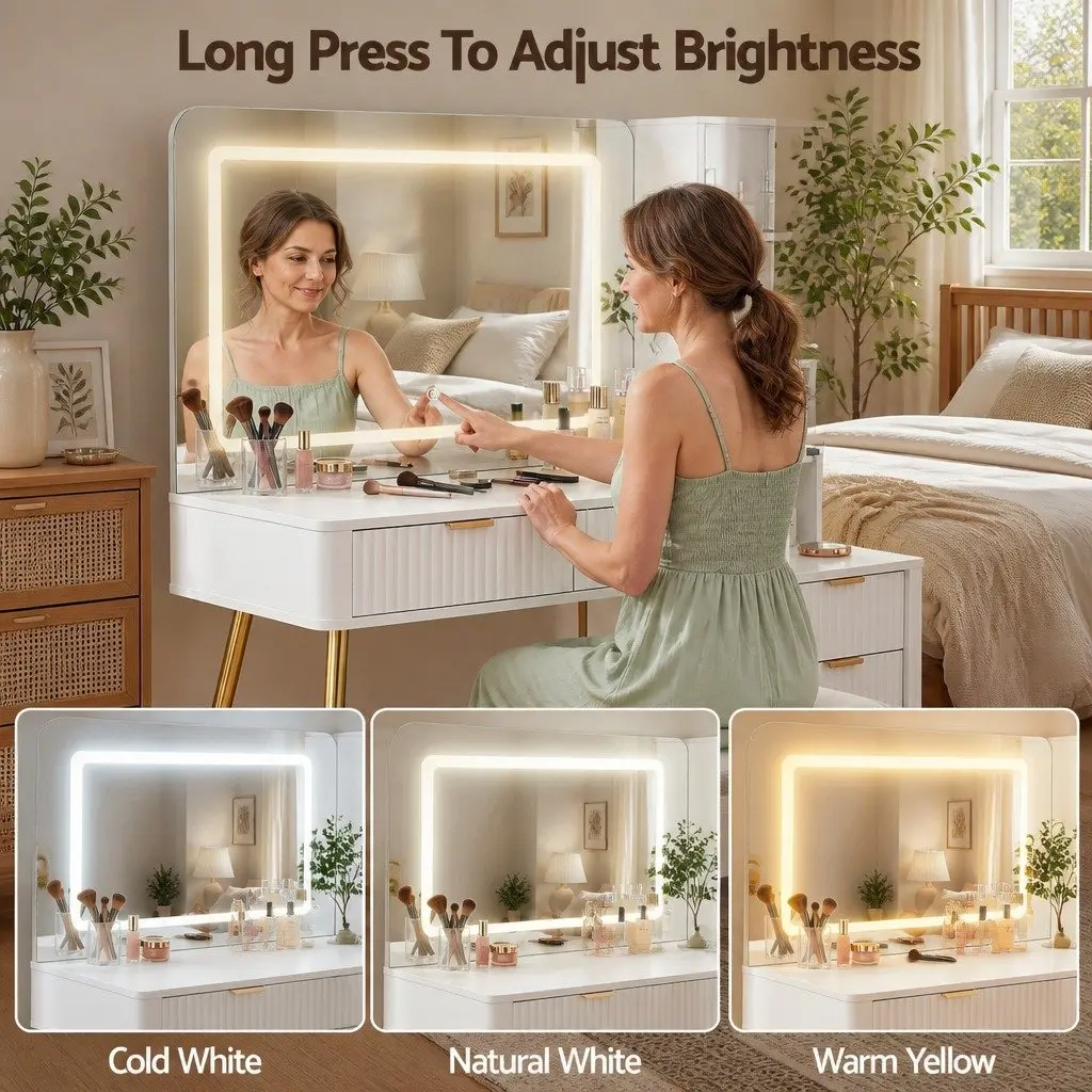 Dressing Table LED Vanity Desk White Hollywood Mirror with Charging Station 121cm E1 Particle Board Tempered Glass