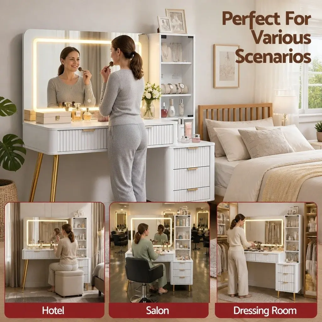 Dressing Table LED Vanity Desk White Hollywood Mirror with Charging Station 121cm E1 Particle Board Tempered Glass