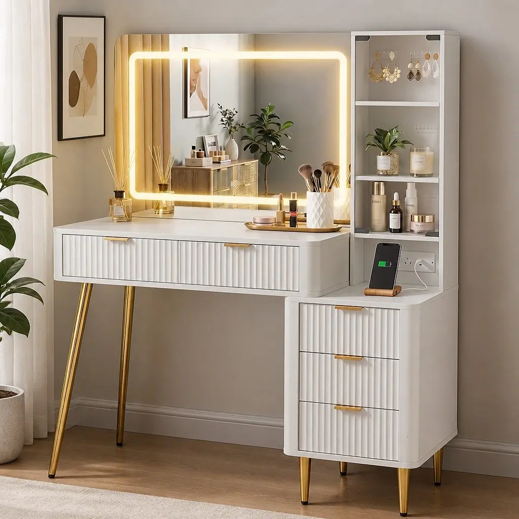 Dressing Table LED Vanity Desk White Hollywood Mirror with Charging Station 121cm E1 Particle Board Tempered Glass