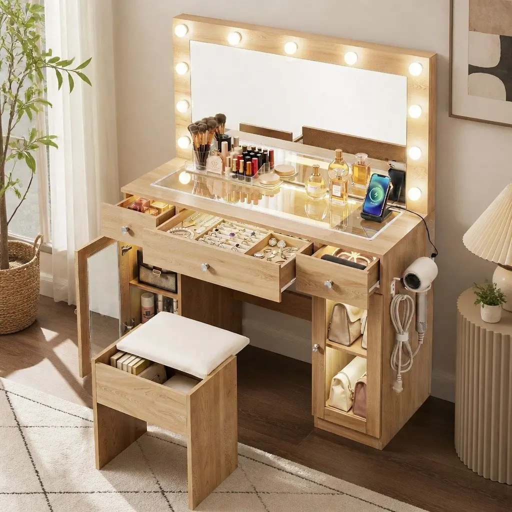 Dressing Table Vanity Desk Hollywood Style with LED Mirror RGB Lighting Wood 105cm x 40cm x 135cm with 3 Drawers and Foam Padded Stool
