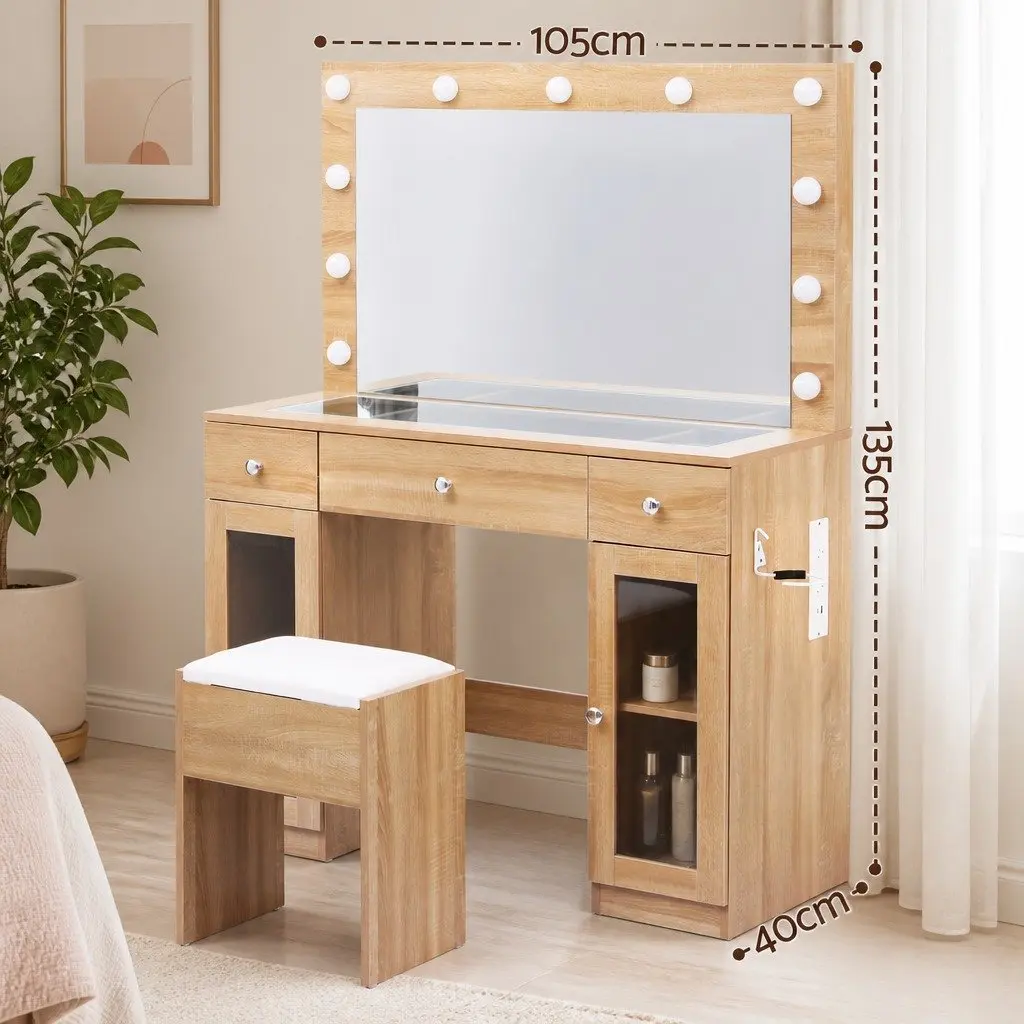 Dressing Table Vanity Desk Hollywood Style with LED Mirror RGB Lighting Wood 105cm x 40cm x 135cm with 3 Drawers and Foam Padded Stool