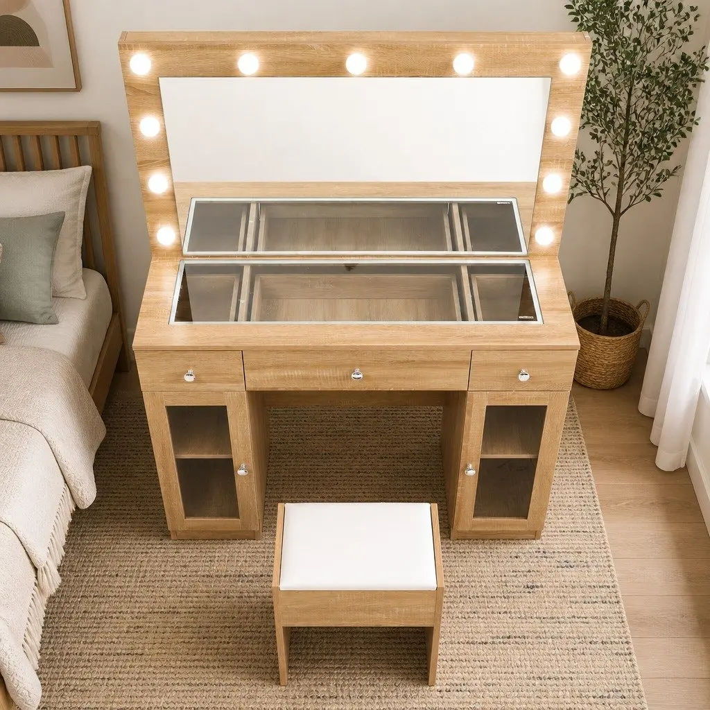 Dressing Table Vanity Desk Hollywood Style with LED Mirror RGB Lighting Wood 105cm x 40cm x 135cm with 3 Drawers and Foam Padded Stool