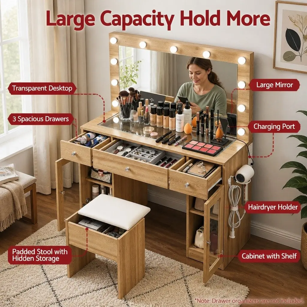 Dressing Table Vanity Desk Hollywood Style with LED Mirror RGB Lighting Wood 105cm x 40cm x 135cm with 3 Drawers and Foam Padded Stool