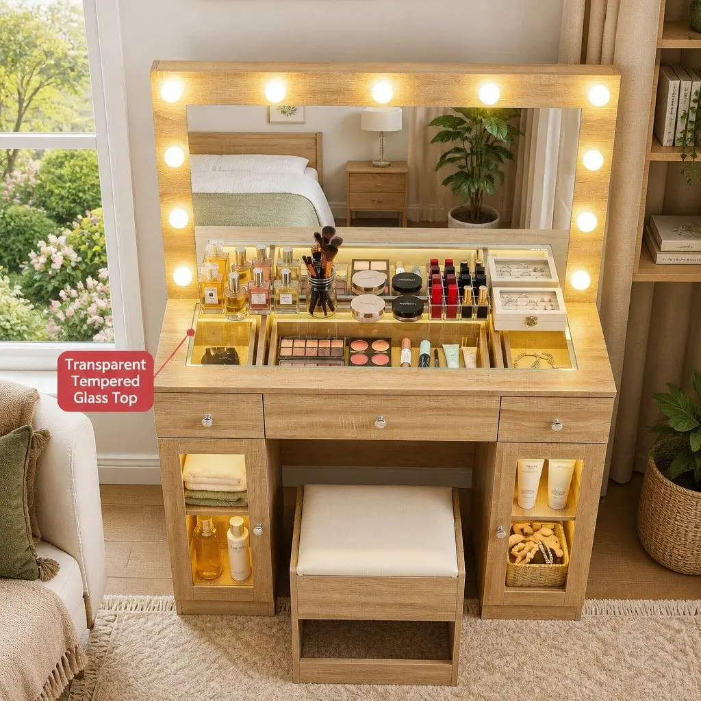 Dressing Table Vanity Desk Hollywood Style with LED Mirror RGB Lighting Wood 105cm x 40cm x 135cm with 3 Drawers and Foam Padded Stool