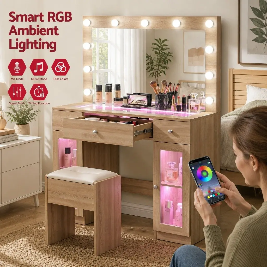 Dressing Table Vanity Desk Hollywood Style with LED Mirror RGB Lighting Wood 105cm x 40cm x 135cm with 3 Drawers and Foam Padded Stool