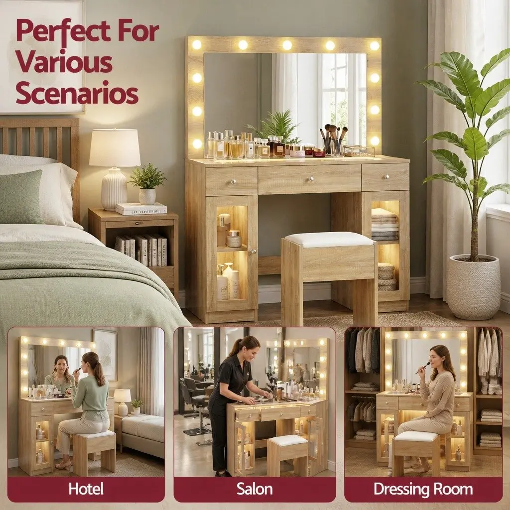 Dressing Table Vanity Desk Hollywood Style with LED Mirror RGB Lighting Wood 105cm x 40cm x 135cm with 3 Drawers and Foam Padded Stool