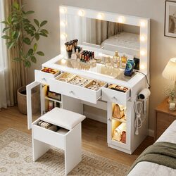 Hollywood Mirror Dressing Table with LED Bulbs in White