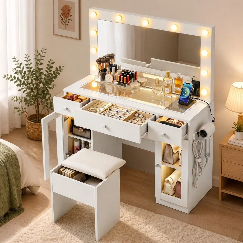 Vanity Dressing Table with RGB Light and Hollywood Mirror White Transparent Desktop 3 Drawers 2 Cabinets Padded Stool Included