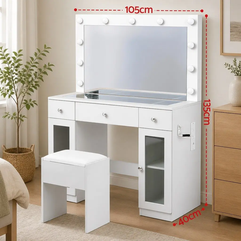 Vanity Dressing Table with RGB Light and Hollywood Mirror White Transparent Desktop 3 Drawers 2 Cabinets Padded Stool Included