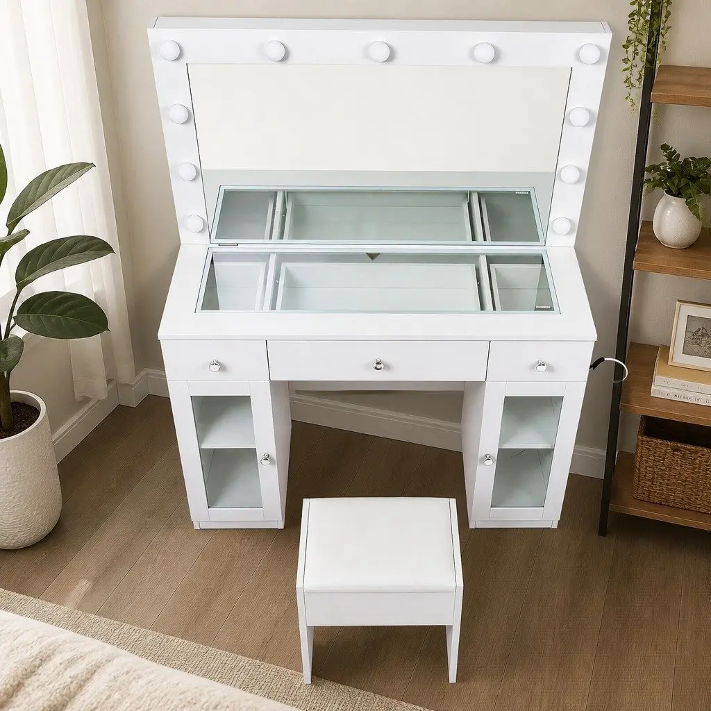 Vanity Dressing Table with RGB Light and Hollywood Mirror White Transparent Desktop 3 Drawers 2 Cabinets Padded Stool Included