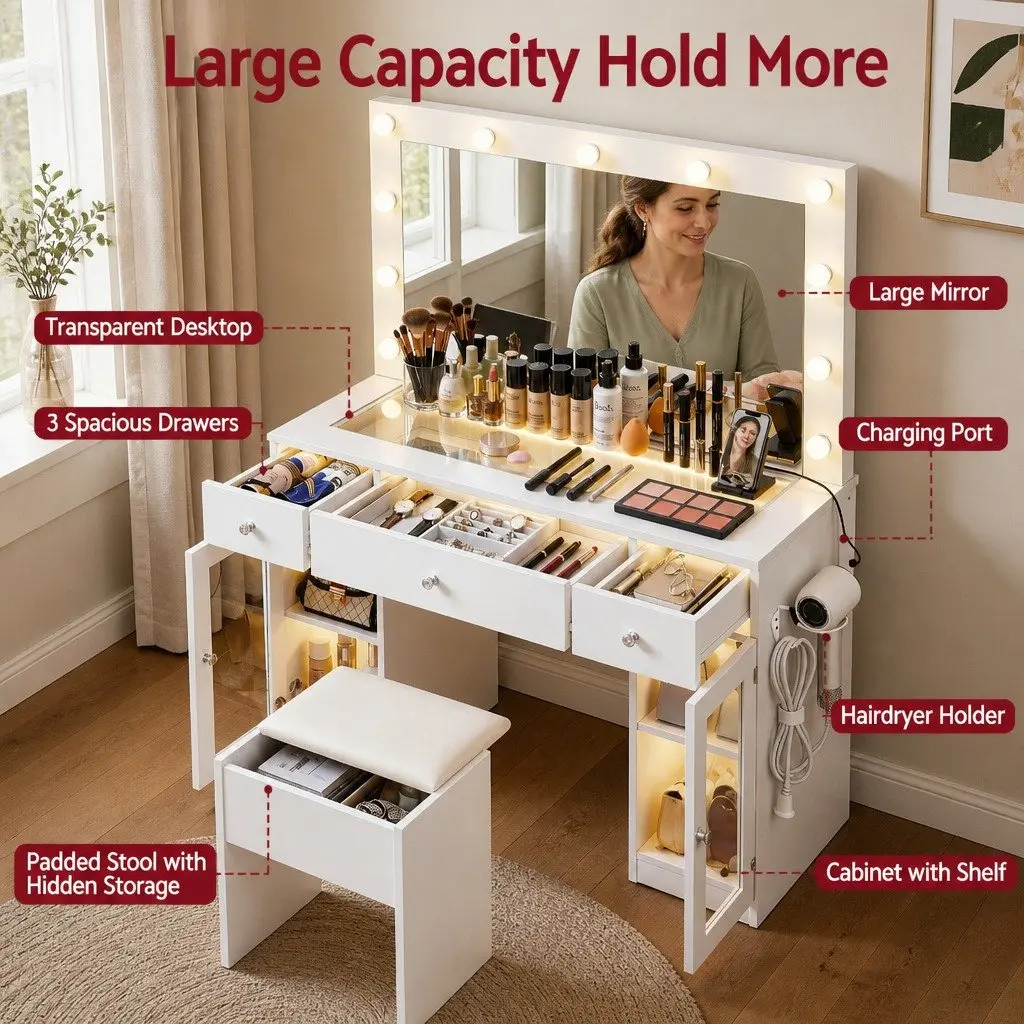 Vanity Dressing Table with RGB Light and Hollywood Mirror White Transparent Desktop 3 Drawers 2 Cabinets Padded Stool Included