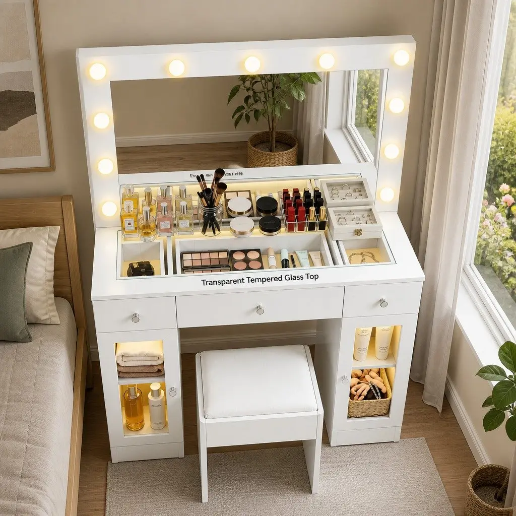 Vanity Dressing Table with RGB Light and Hollywood Mirror White Transparent Desktop 3 Drawers 2 Cabinets Padded Stool Included