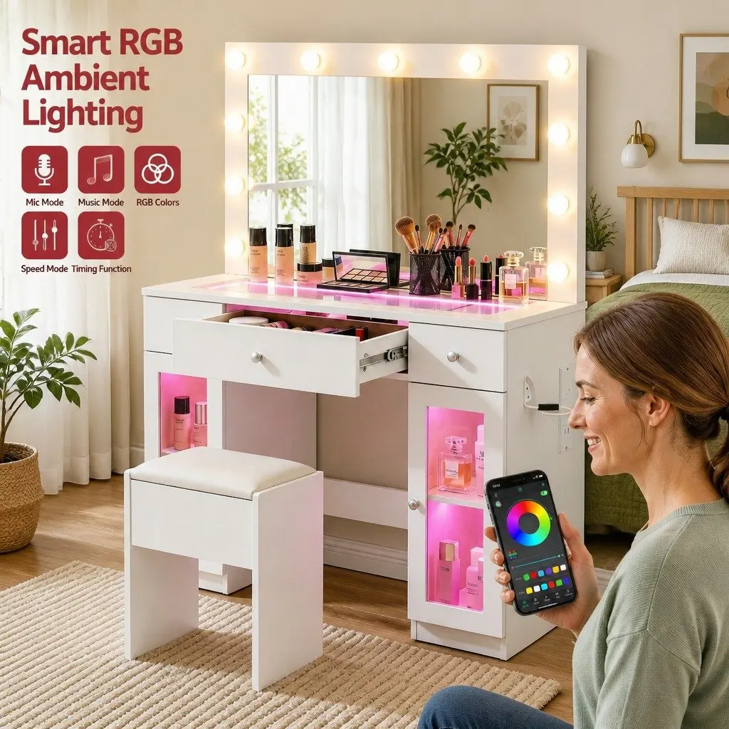 Vanity Dressing Table with RGB Light and Hollywood Mirror White Transparent Desktop 3 Drawers 2 Cabinets Padded Stool Included