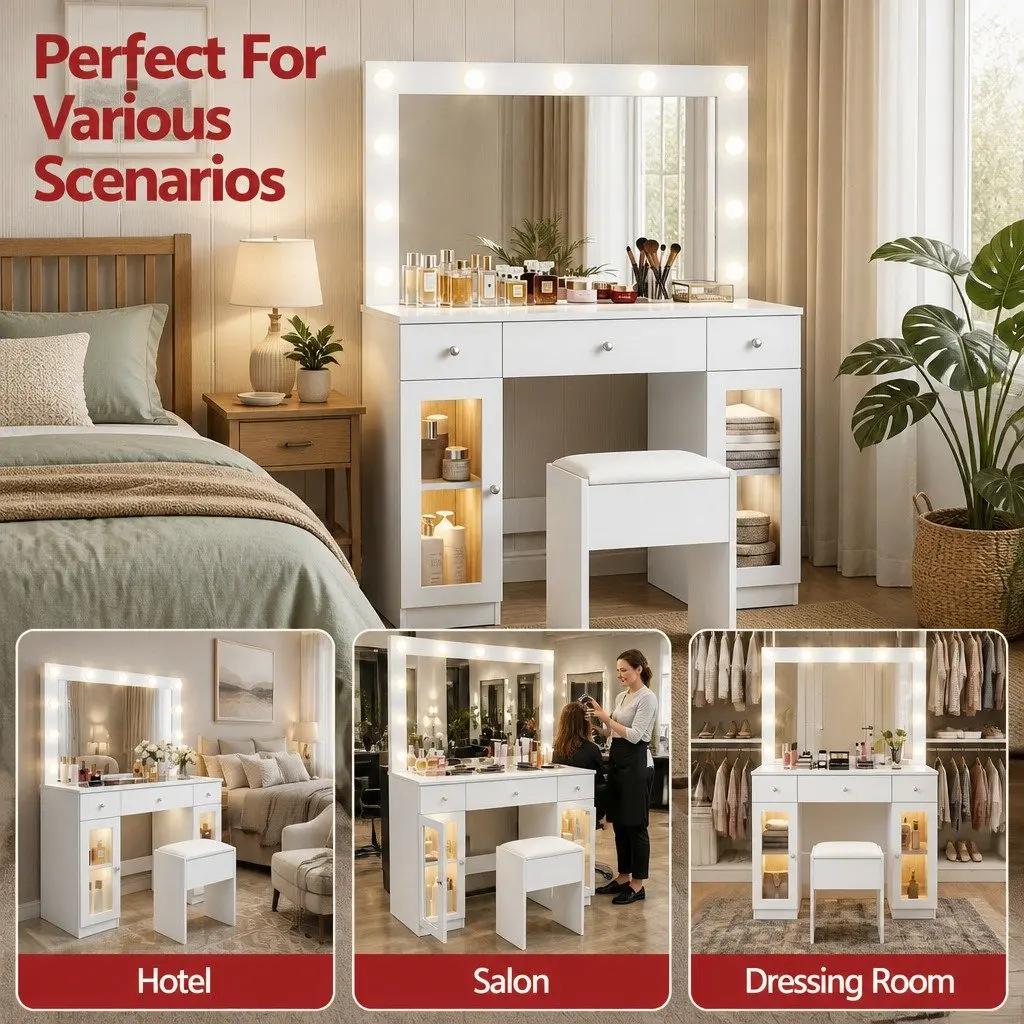 Vanity Dressing Table with RGB Light and Hollywood Mirror White Transparent Desktop 3 Drawers 2 Cabinets Padded Stool Included
