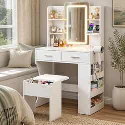 LED Vanity Dressing Table Makeup Desk with Mirror Stool White Bedroom Furniture