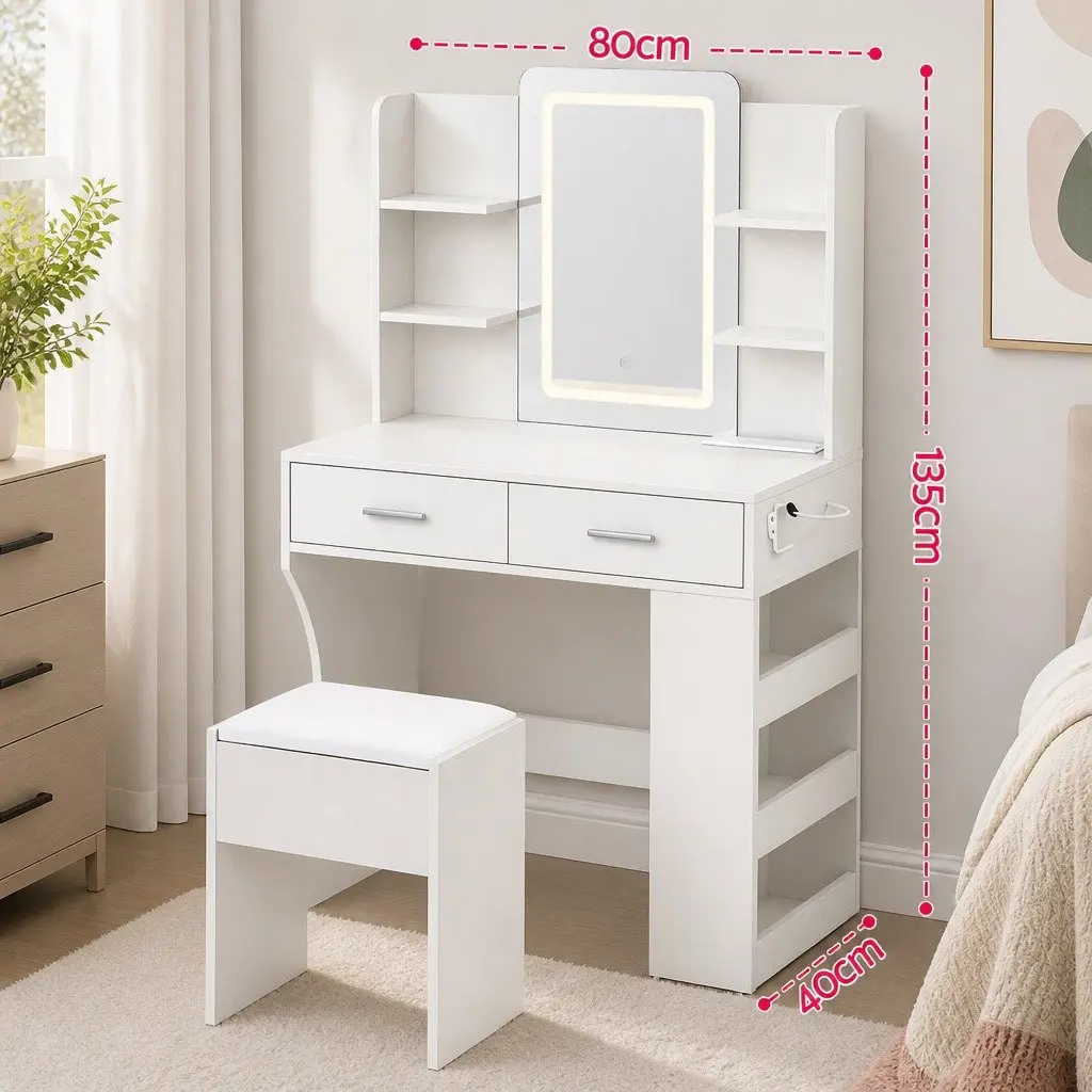 LED Vanity Dressing Table Makeup Desk with Mirror and Stool White E1 Particle Board and Metal