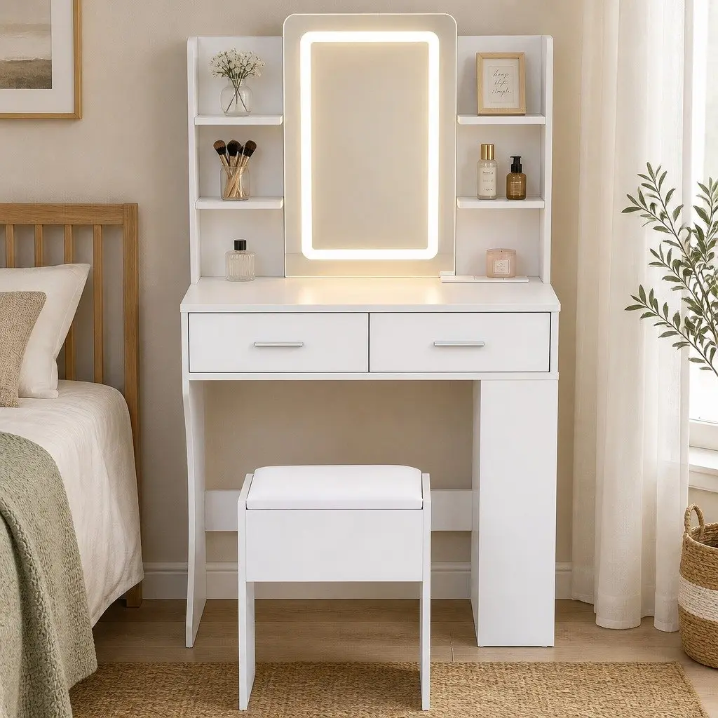 LED Vanity Dressing Table Makeup Desk with Mirror and Stool White E1 Particle Board and Metal