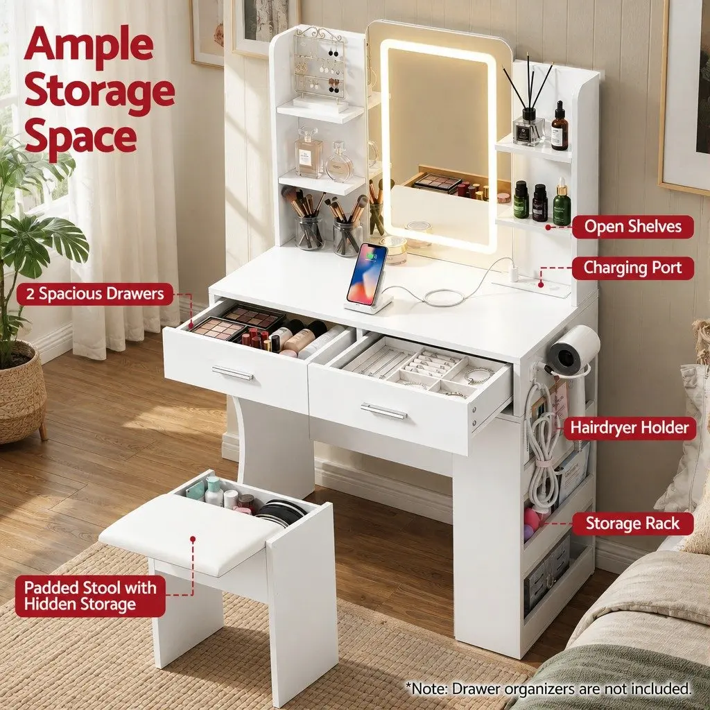 LED Vanity Dressing Table Makeup Desk with Mirror and Stool White E1 Particle Board and Metal