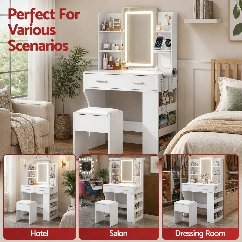 LED Vanity Dressing Table Makeup Desk with Mirror and Stool White E1 Particle Board and Metal