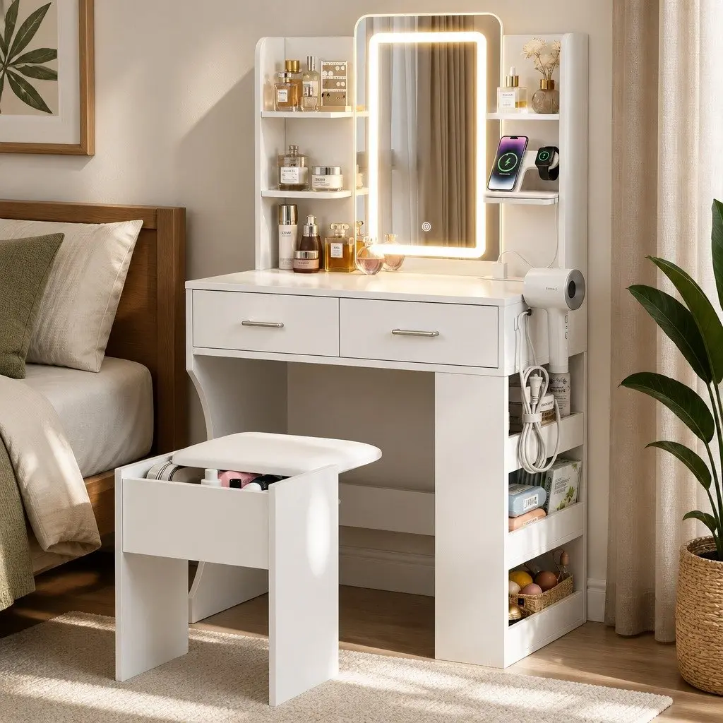 LED Vanity Dressing Table Makeup Desk with Mirror and Stool White E1 Particle Board and Metal