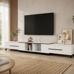 Extendable White TV Entertainment Unit with Storage Drawers