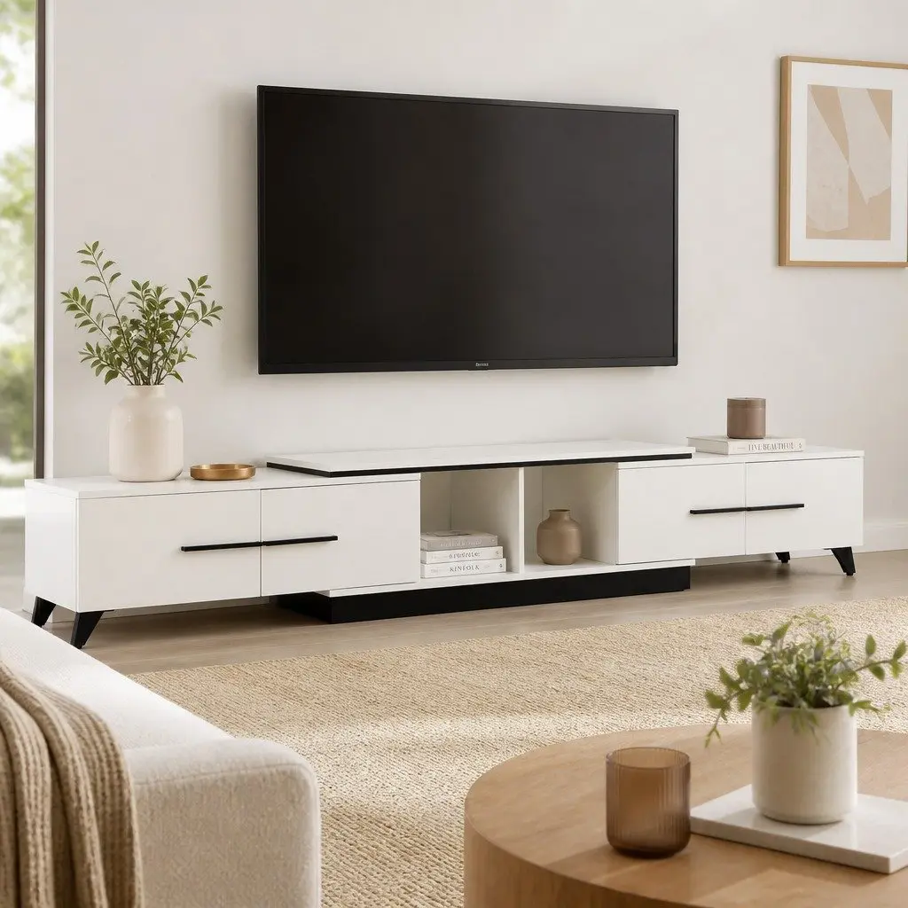 Extendable White TV Entertainment Unit with Storage Drawers
